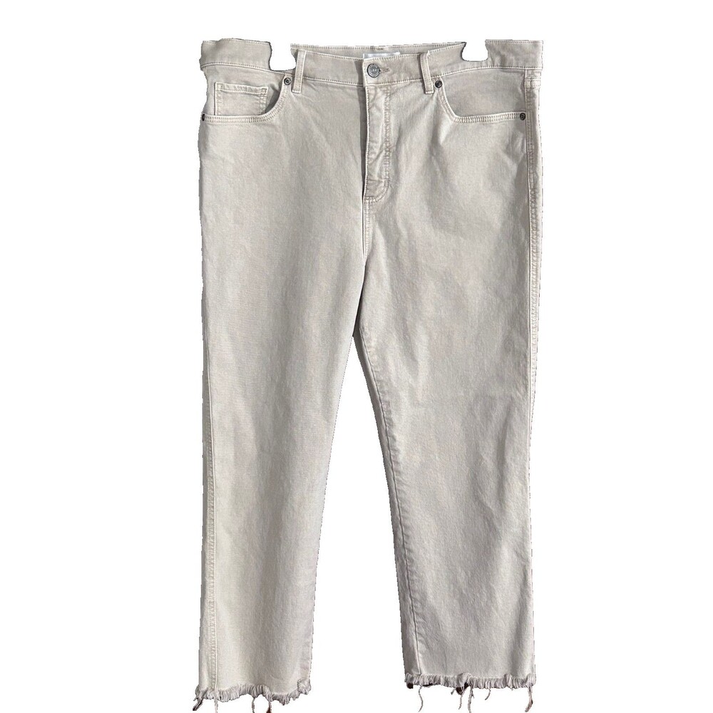 Loft Women's sz 14High Waist Straight Tan Denim Frayed Hem Jeans